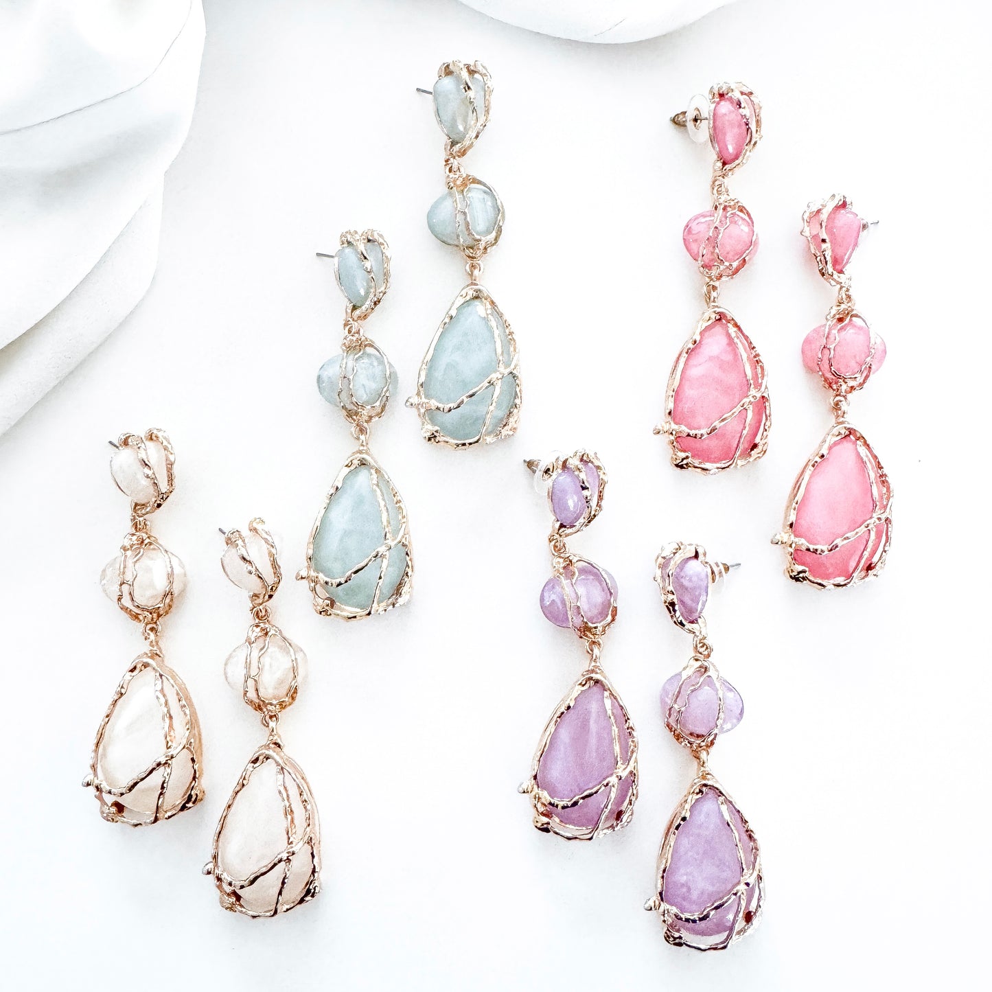 Gold Drip Bright Pink Crystal Drop Earrings – Statement Party, Bridal & Summer Jewellery