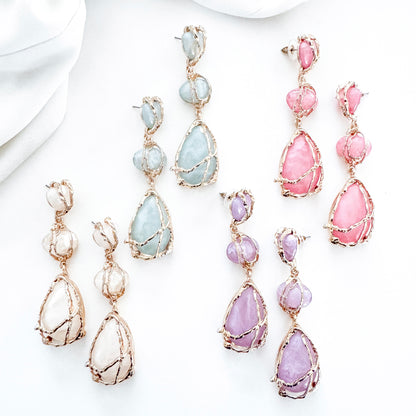 Gold Drip Bright Pink Crystal Drop Earrings – Statement Party, Bridal & Summer Jewellery