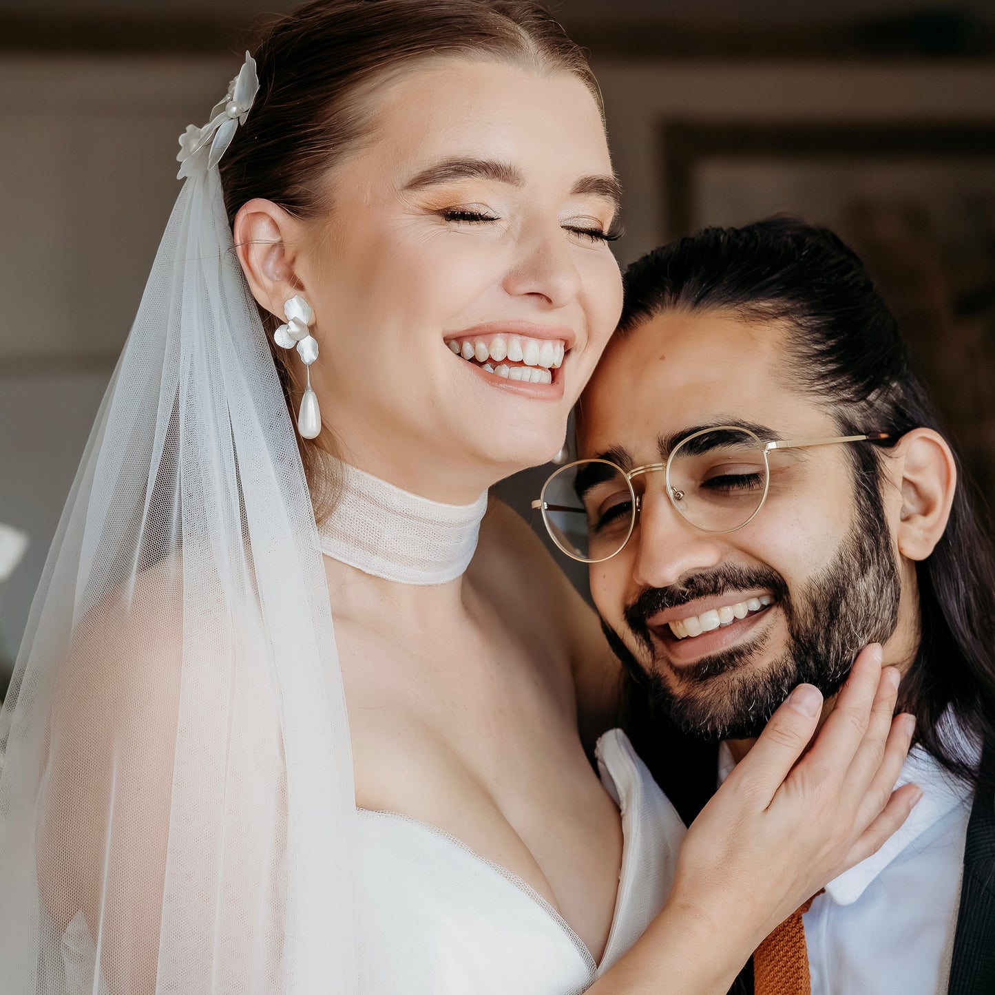 Silver Folded Flower Teardrop Pearl Earrings