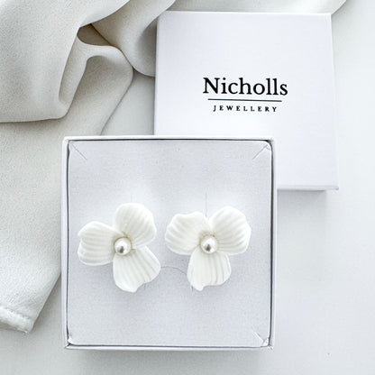 Delicate Porcelain Flower & Pearl Stud Earrings