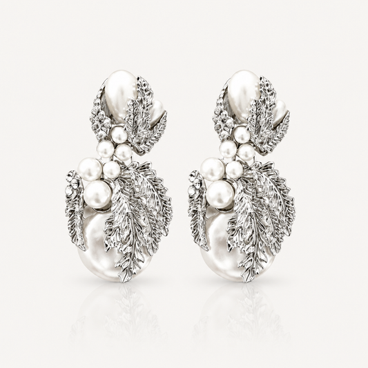 Silver Leaf & Pearl Statement Earrings | Vintage-Inspired Bridal Jewellery
