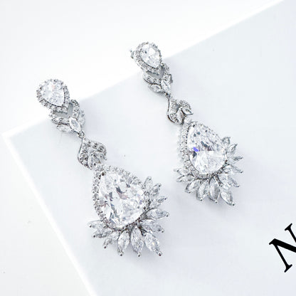 Cubic Zirconia Crystal Long Dangle Earrings with Teardrop and Diamond Shape Detail