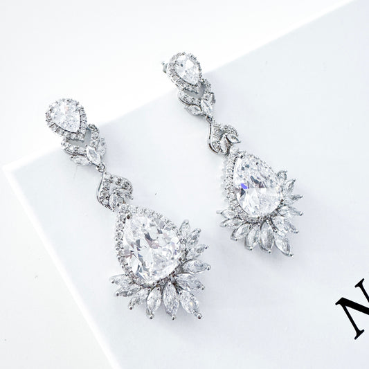 Cubic Zirconia Crystal Long Dangle Earrings with Teardrop and Diamond Shape Detail