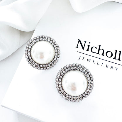 Pearl Silver Statement Stud Earrings | Bridal, Prom & Occasion Earrings