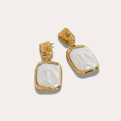 St Tropez Pearl and Gold Rectangle Earrings