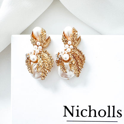 Gold Leaf & Pearl Statement Earrings | Vintage-Inspired Bridal Jewellery