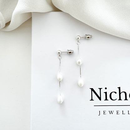 Dainty Silver Freshwater Pearl Drop Earrings - Special Occasion Earrings