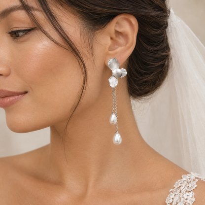 Silver Folded Flower Chain and Dainty Teardrop Pearl Earrings