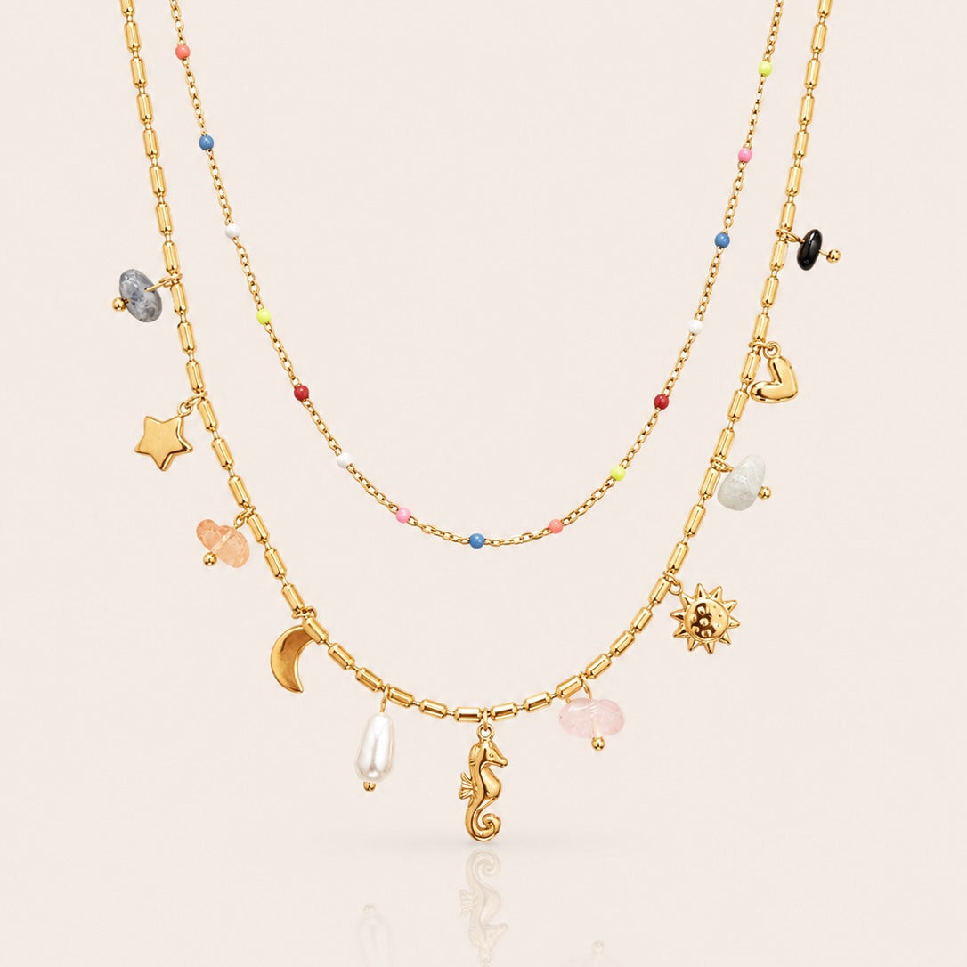 Double Layer Multi Colour Charm Necklace | Waterproof 18k Gold Plated Necklace