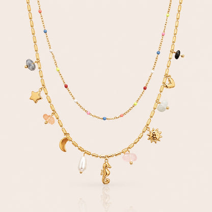 Double Layer Multi Colour Charm Necklace | Waterproof 18k Gold Plated Necklace