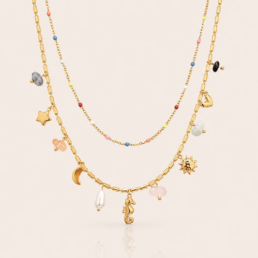 Double Layer Multi Colour Charm Necklace | Waterproof 18k Gold Plated Necklace