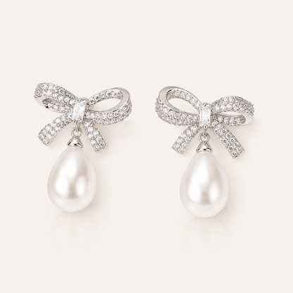 Silver Crystal Bow & Pearl Earrings Silver - Bridal, Christmas & Party Jewellery