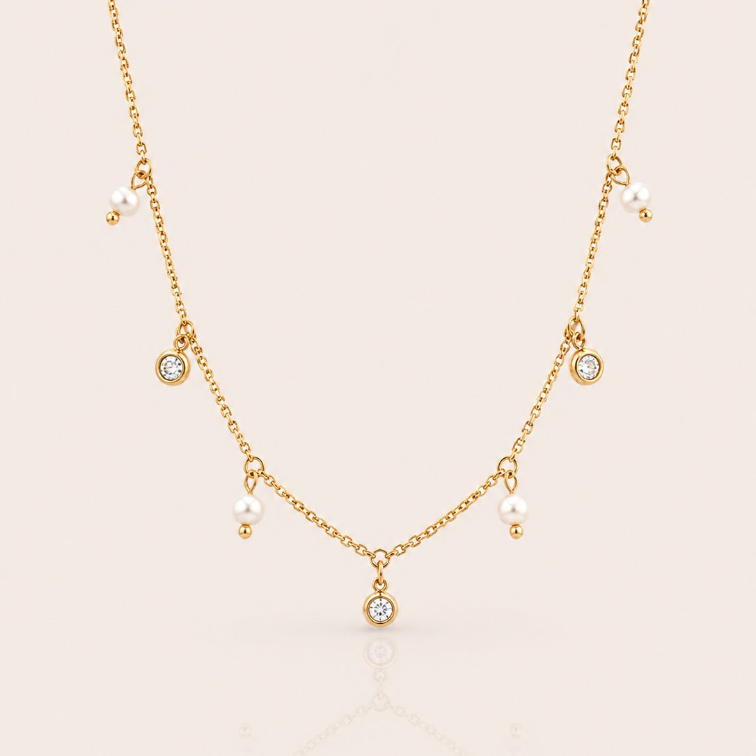 Pearl & Crystal Charm Necklace | Waterproof 18k Gold Plated Necklace