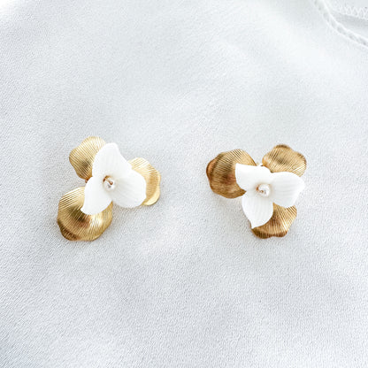 Gold Petal and Porcelain Flower Stud Earrings