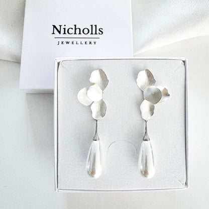 Silver Folded Flower Teardrop Pearl Earrings