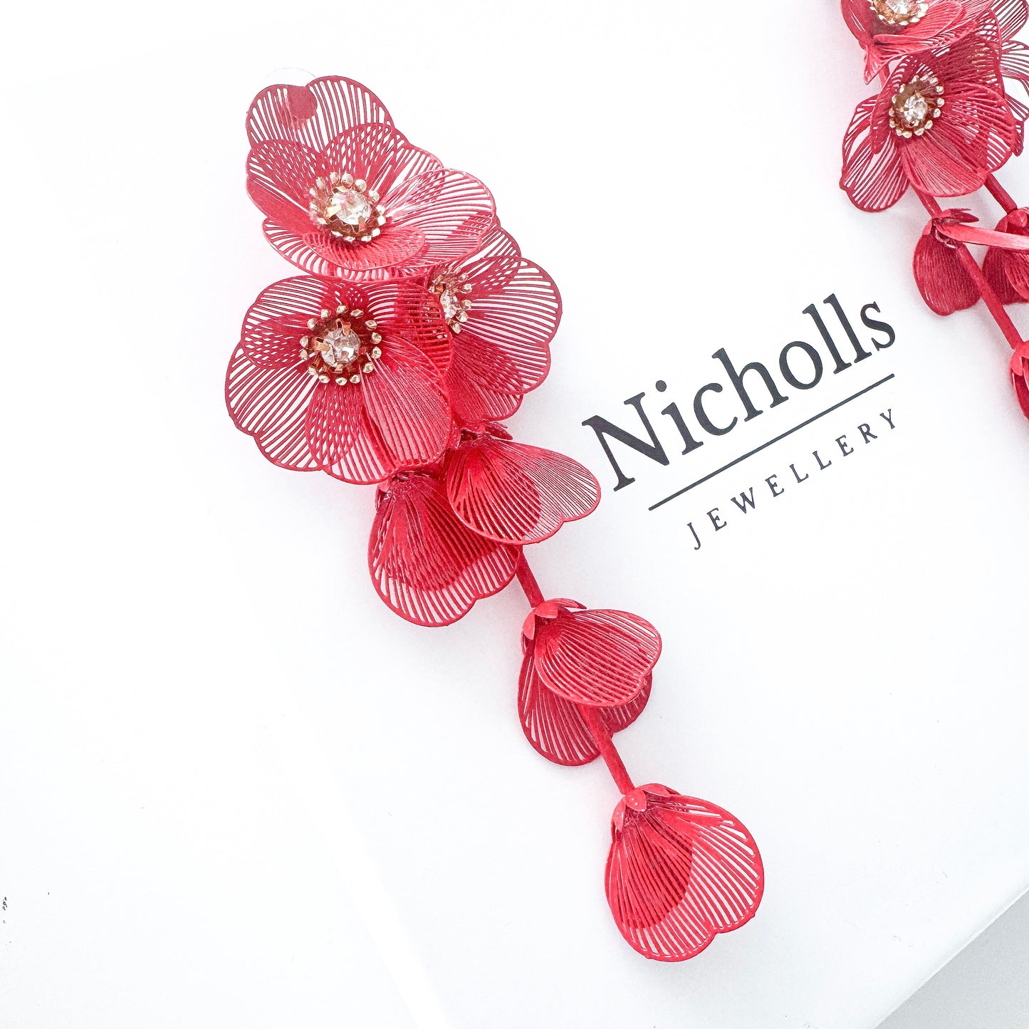 Red Flower Statement Earrings- Lightweight Waterfall Design