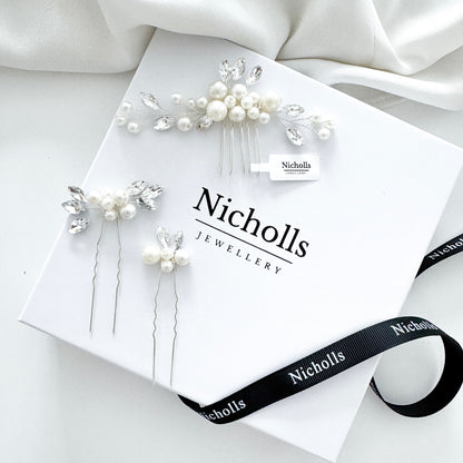 Pearl & Crystal Bridal Hair Comb with Matching Pins – Wedding Hair Accessory