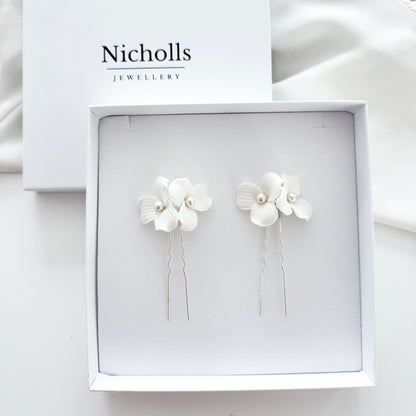 Delicate Porcelain Flower & Pearl Stud Earrings with matching Porcelain Flower Hair Pins