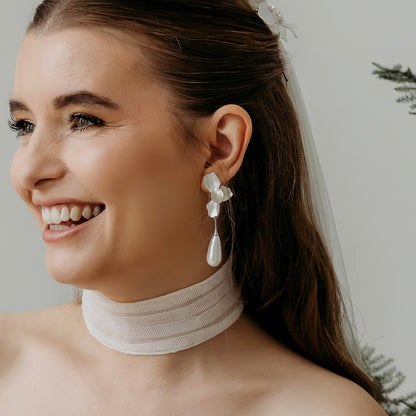 Silver Folded Flower Teardrop Pearl Earrings