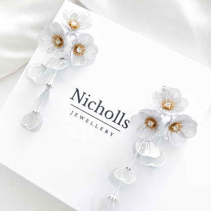 Waterfall Statement White Flower Earrings