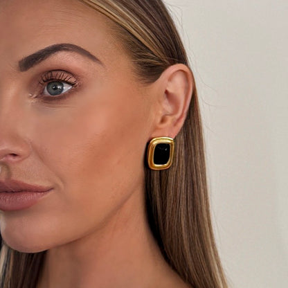 Black Rectangle Gold Earrings, Waterproof, Stainless Steel Statement Earrings