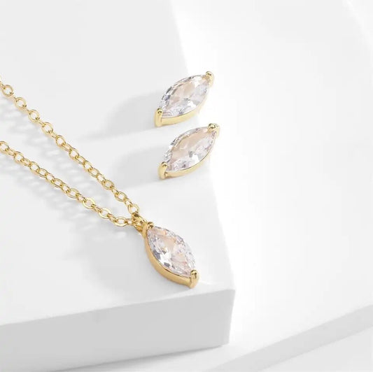 Marquise Crystal Necklace and Earring Set Gold