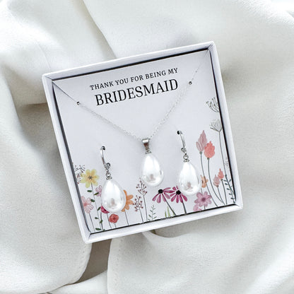 Bridesmaid Pearl Teardrop Huggie Jewellery Gift Set – Sterling Silver Pearl Necklace & Earrings