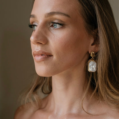 St Tropez Pearl and Gold Rectangle Earrings