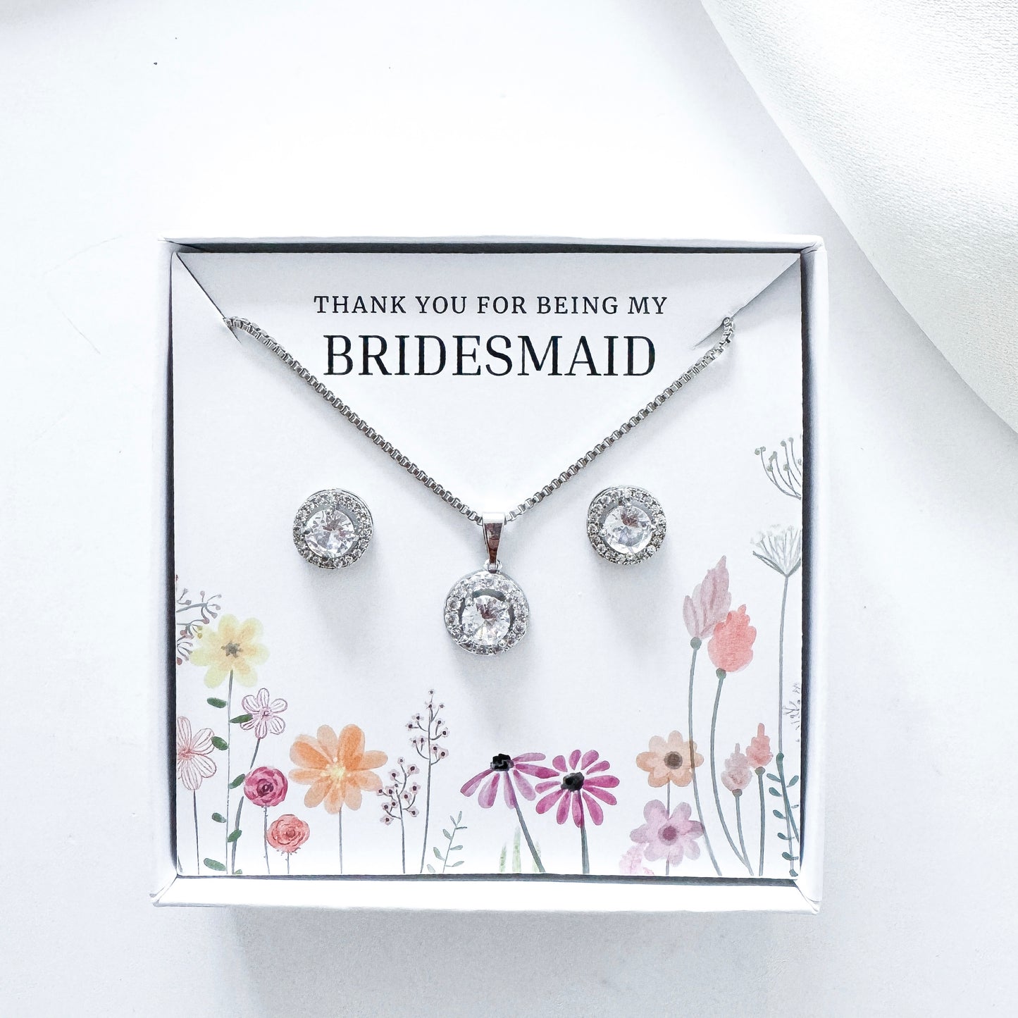 Bridesmaid Jewellery Gift Set – Round Cubic Zirconia Earrings & Necklace Thank You Gift Set