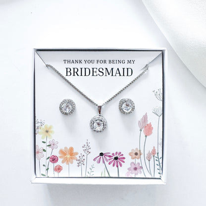 Bridesmaid Jewellery Gift Set – Round Cubic Zirconia Earrings & Necklace Thank You Gift Set