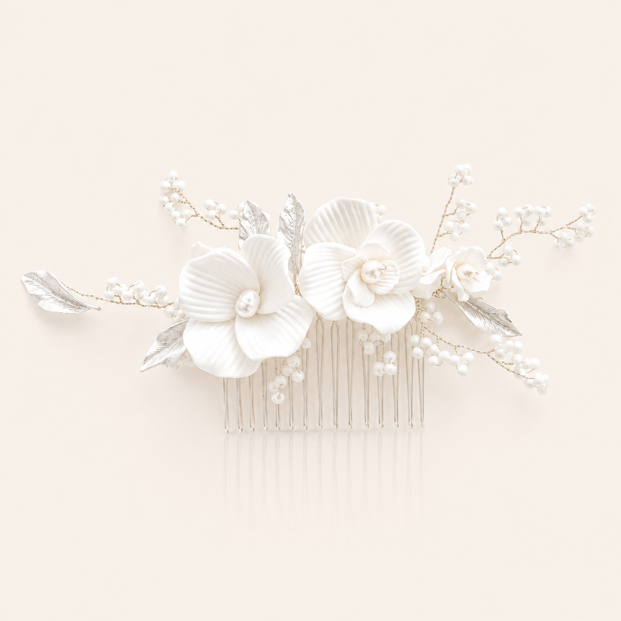 Porcelain White Flower, Silver Leaf and Silver Comb