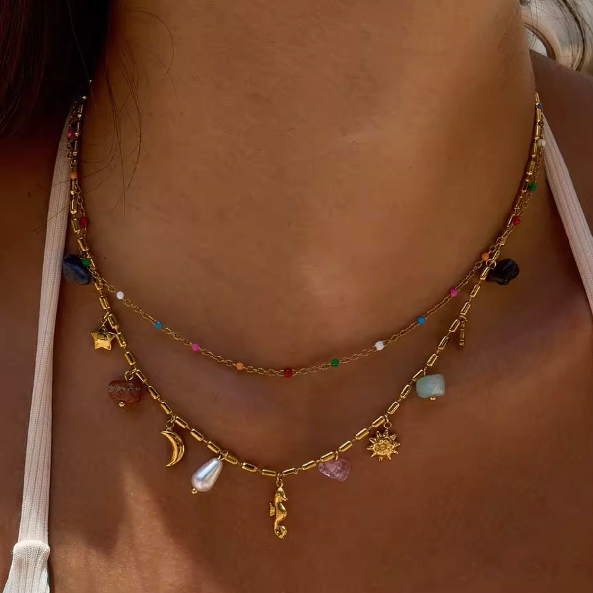 Double Layer Multi Colour Charm Necklace | Waterproof 18k Gold Plated Necklace