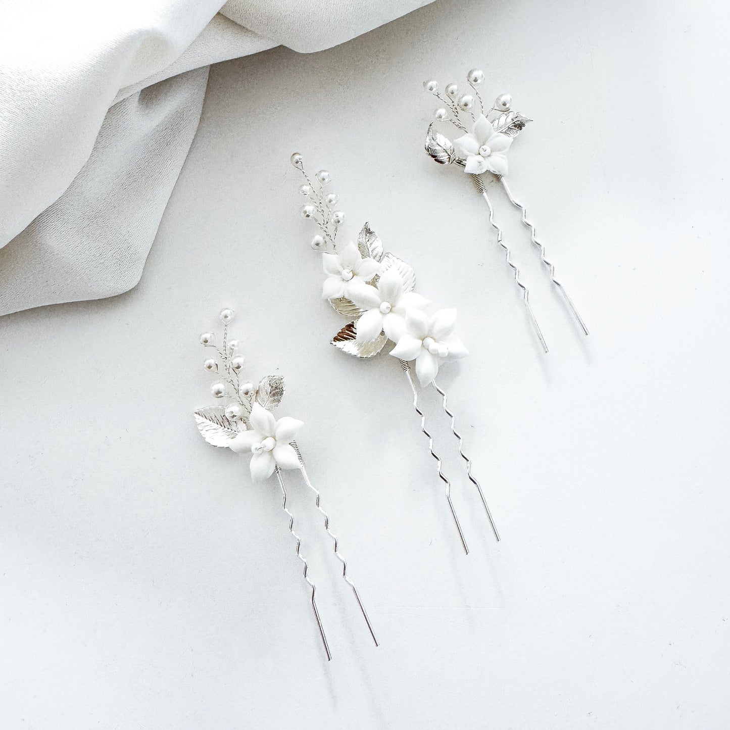 Bridal Porcelain Flower Hair Pins with Pearls – Elegant Wedding Hair Accessories (Set of 3)