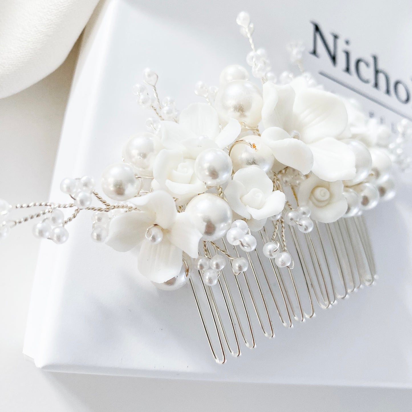 Porcelain Flower and Pearl Spray Earring and Comb Set