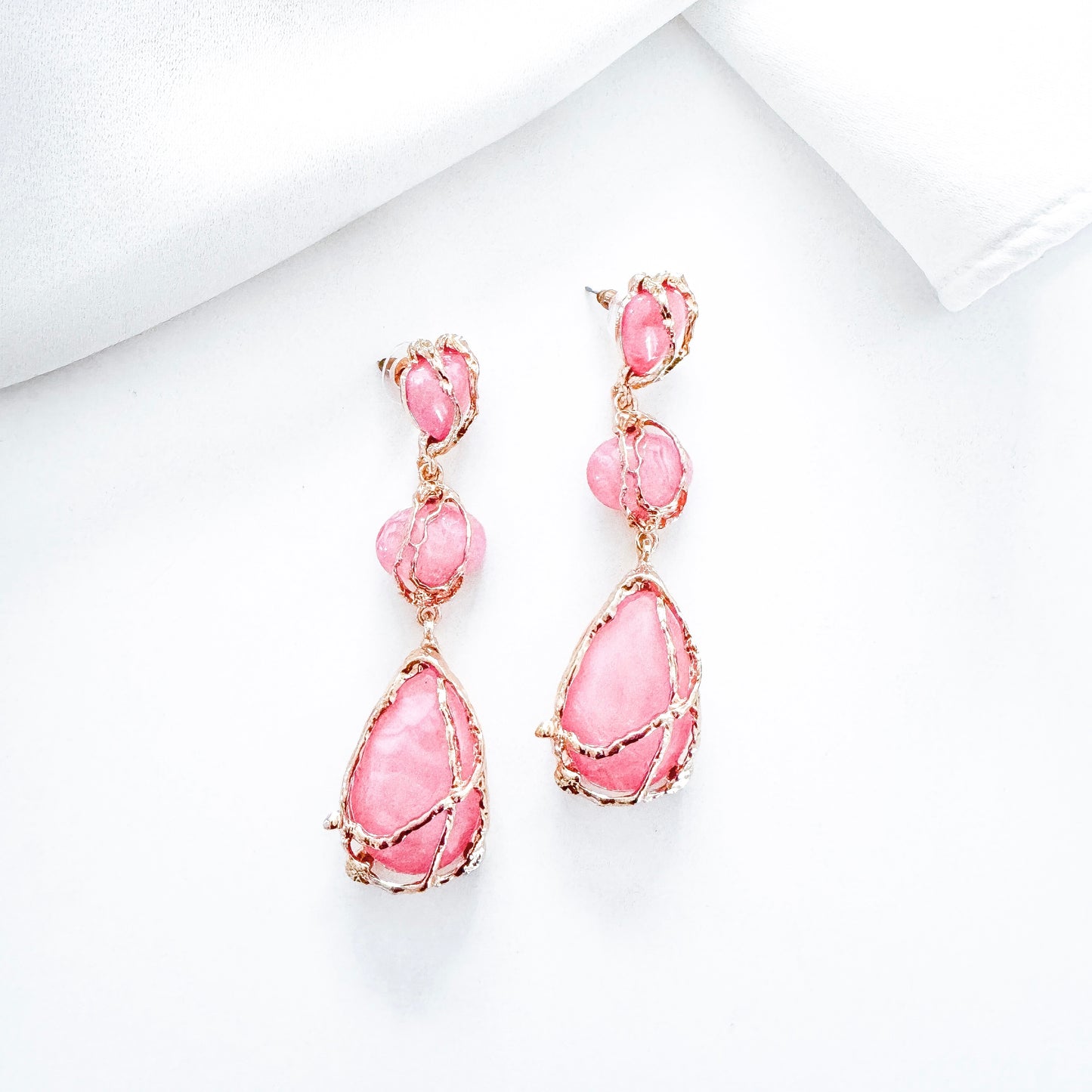 Gold Drip Bright Pink Crystal Drop Earrings – Statement Party, Bridal & Summer Jewellery