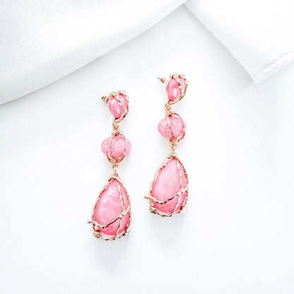 Gold Drip Bright Pink Crystal Drop Earrings – Statement Party, Bridal & Summer Jewellery