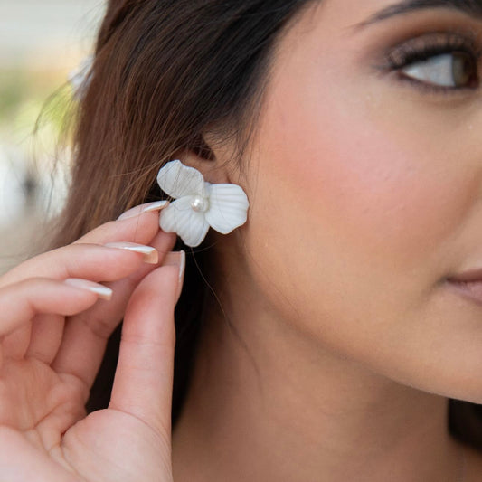 Delicate Porcelain Flower & Pearl Stud Earrings