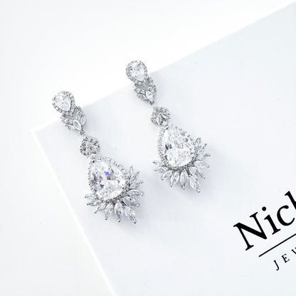 Cubic Zirconia Crystal Long Dangle Earrings with Teardrop and Diamond Shape Detail