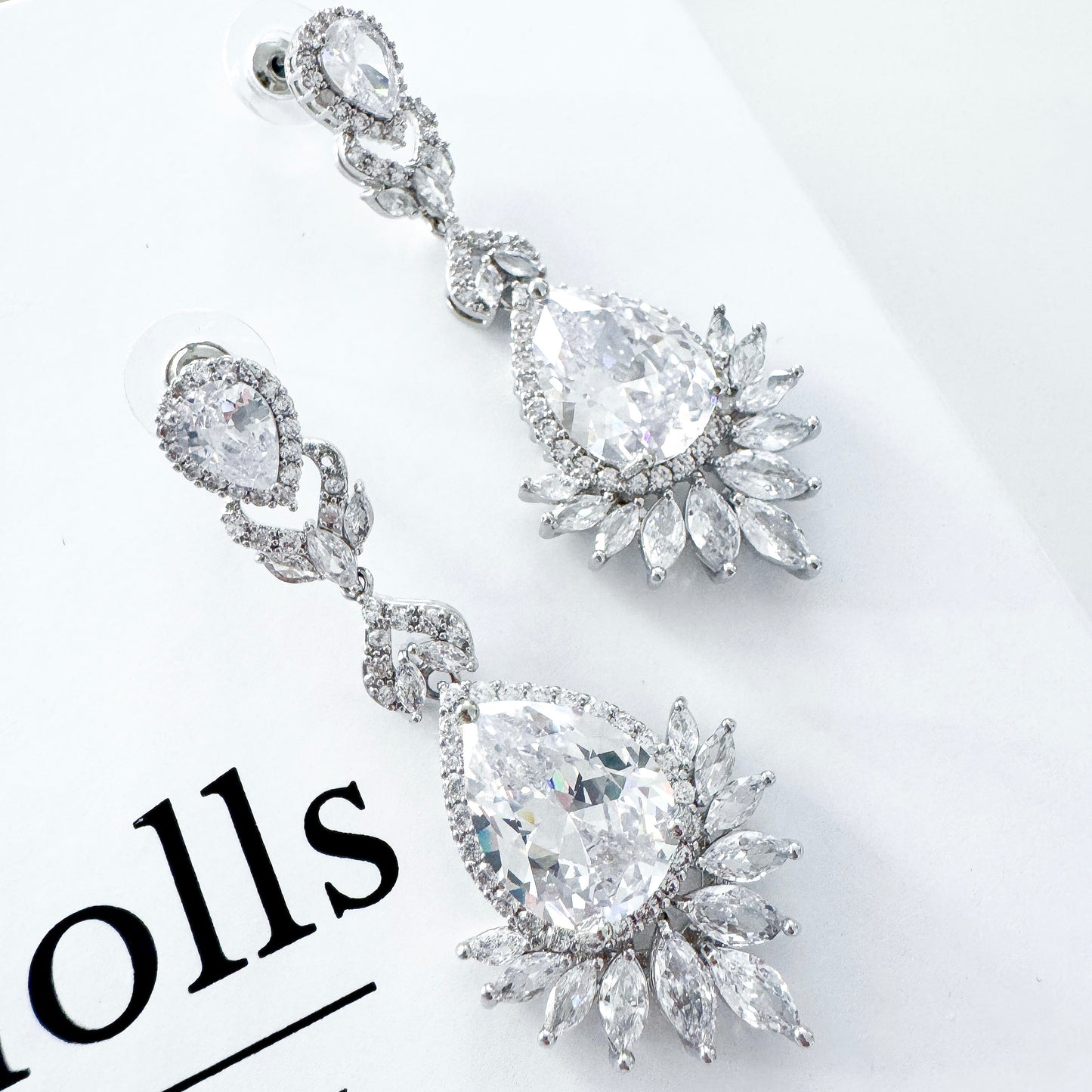 Cubic Zirconia Crystal Long Dangle Earrings with Teardrop and Diamond Shape Detail