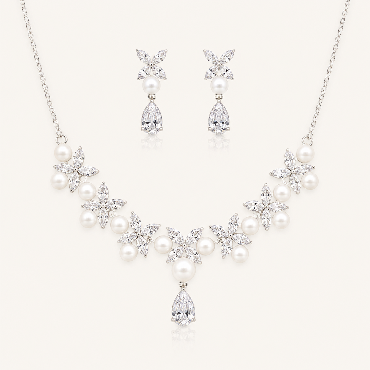 Cubic Zirconia & Pearl Bridal Necklace and Earrings Set – Romantic Wedding Jewellery