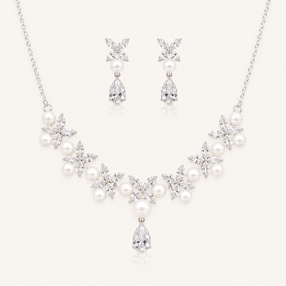 Cubic Zirconia & Pearl Bridal Necklace and Earrings Set – Romantic Wedding Jewellery
