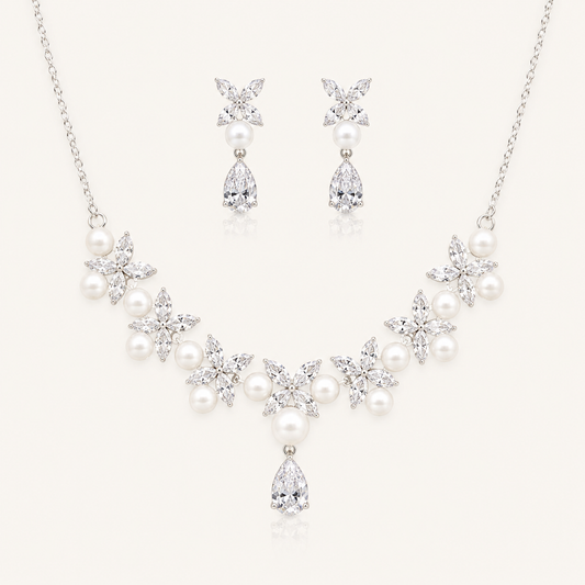 Cubic Zirconia & Pearl Bridal Necklace and Earrings Set – Romantic Wedding Jewellery