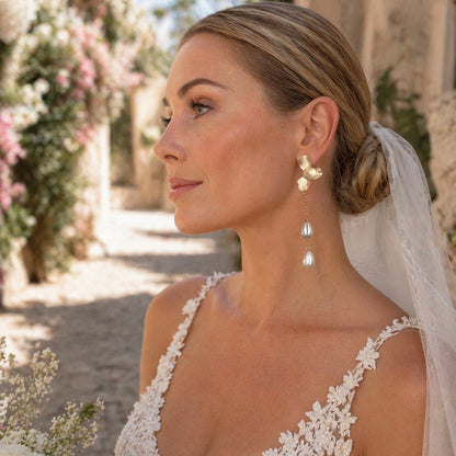 Gold Folded Flower Chain and Dainty Teardrop Pearl Earrings