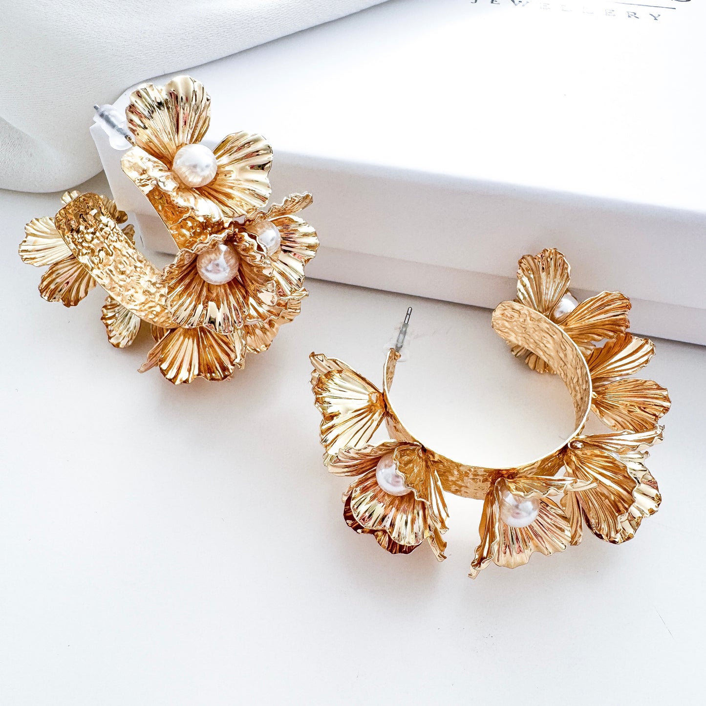 Statement Gold Flower and Pearl Centre Hoop Earrings