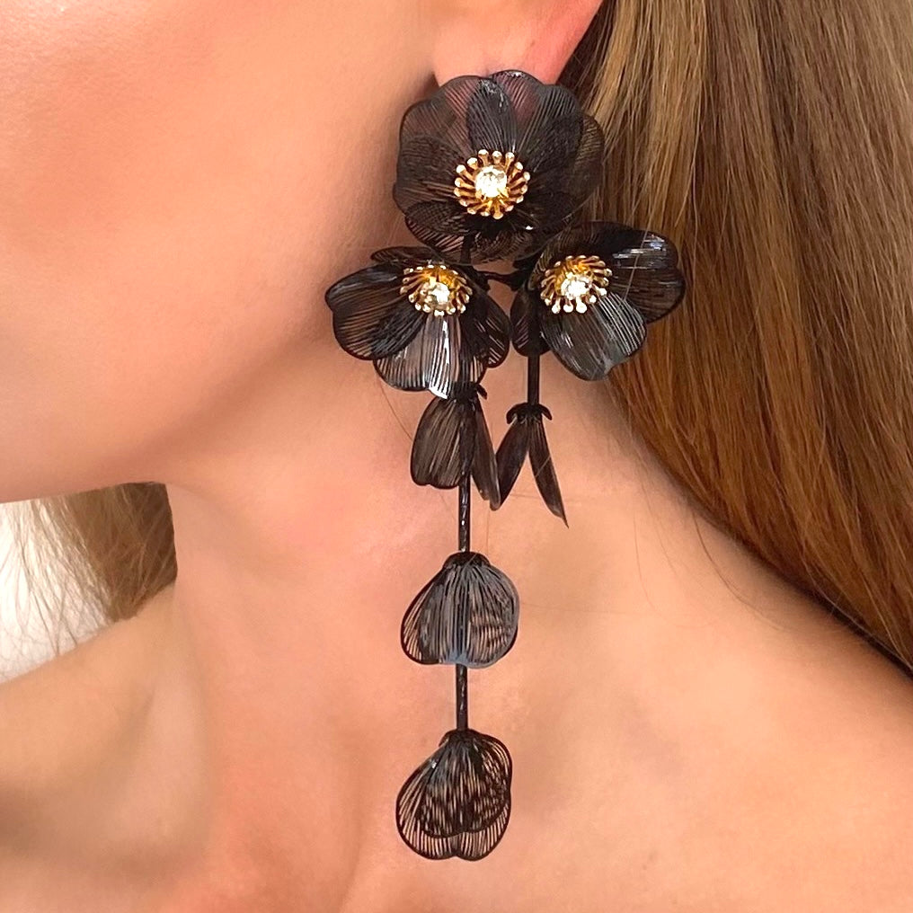 Waterfall Statement Black Flower Earrings