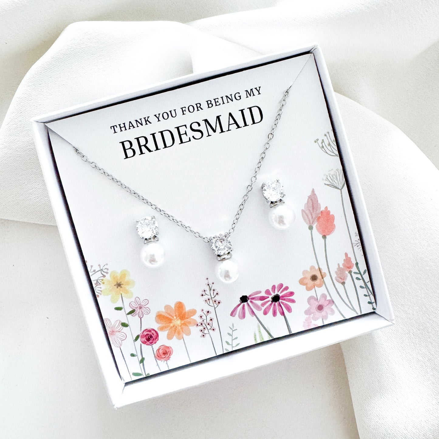 Pearl Bridesmaid Jewellery Gift Set – Cubic Zirconia & Pearl Earrings with Matching Necklace