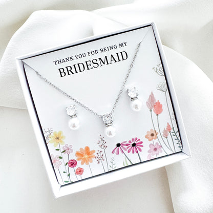 Pearl Bridesmaid Jewellery Gift Set – Cubic Zirconia & Pearl Earrings with Matching Necklace