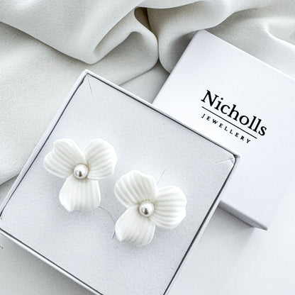 Delicate Porcelain Flower & Pearl Stud Earrings