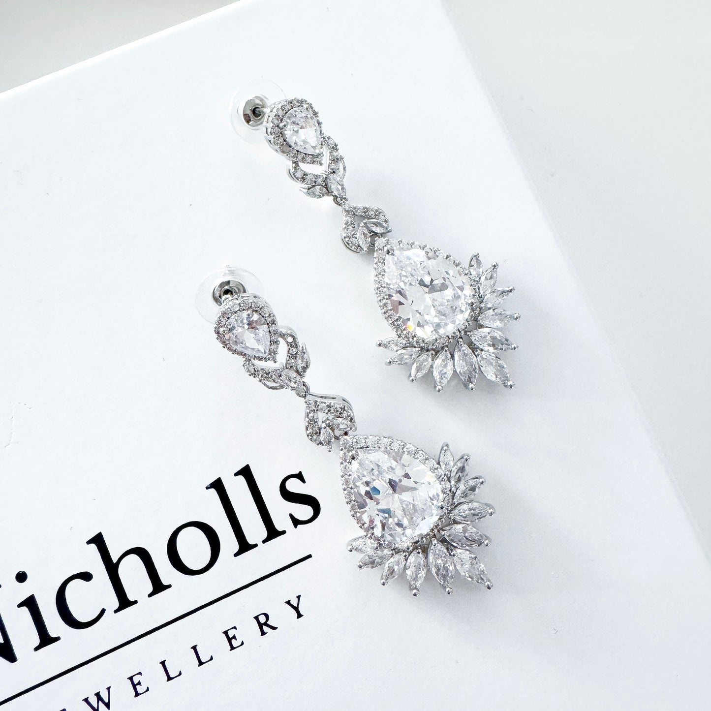 Cubic Zirconia Crystal Long Dangle Earrings with Teardrop and Diamond Shape Detail