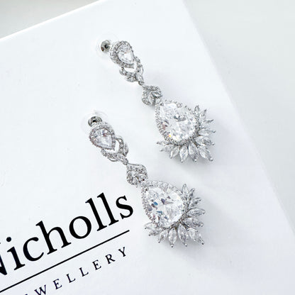 Cubic Zirconia Crystal Long Dangle Earrings with Teardrop and Diamond Shape Detail